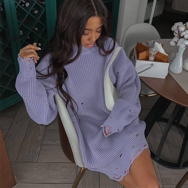 Oversized Distressed Ribbed Knit Drop Shoulder Sweater Dress