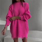 Oversized Distressed Ribbed Knit Drop Shoulder Sweater Dress