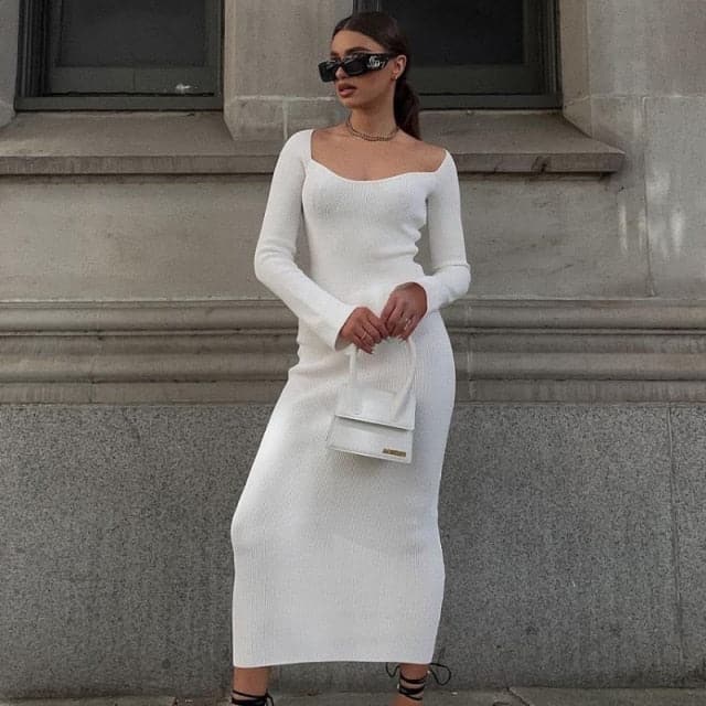 Rib Knit Square Neck Long Sleeve Bodycon Maxi Dress