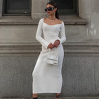 Rib Knit Square Neck Long Sleeve Bodycon Maxi Dress