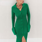 Rib Knit Square Neck Long Sleeve Bodycon Maxi Dress