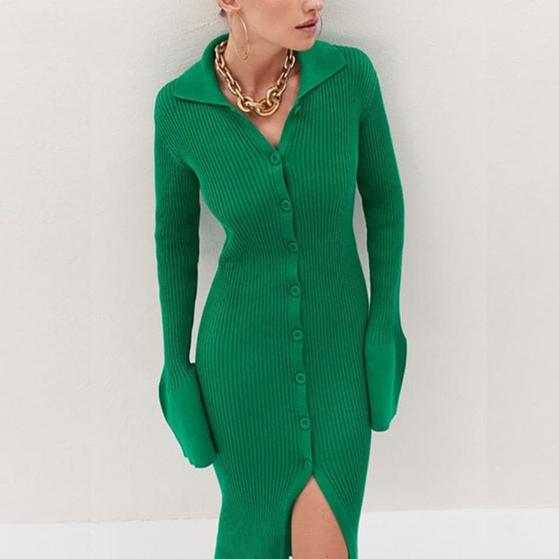 Ribbed Knit Polo Collar Button Front Bell Cuff Front Slit Midi Dress