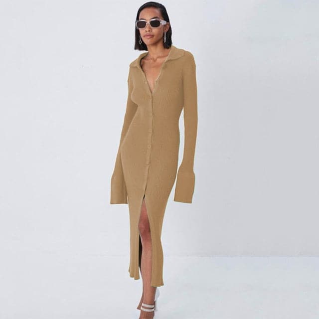 Ribbed Knit Polo Collar Button Front Bell Cuff Front Slit Midi Dress
