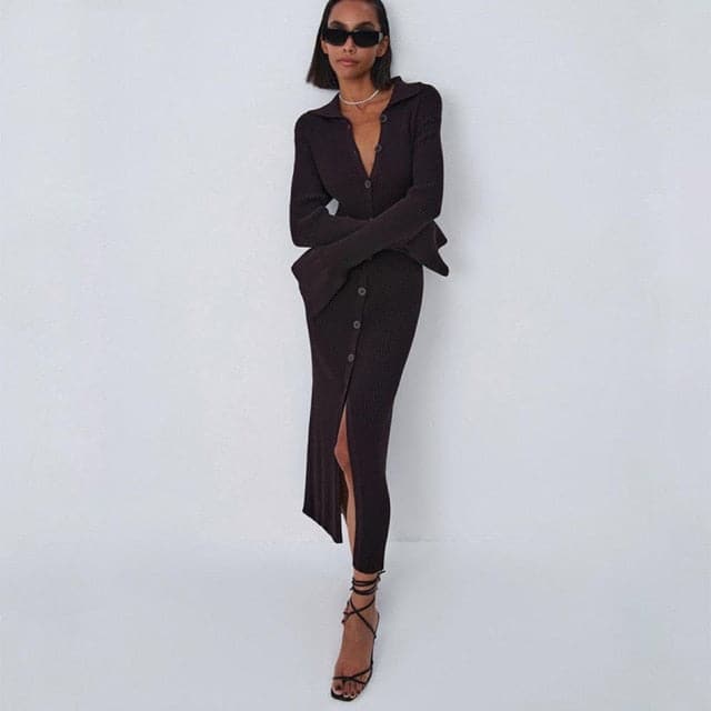 Ribbed Knit Polo Collar Button Front Bell Cuff Front Slit Midi Dress