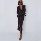 Ribbed Knit Polo Collar Button Front Bell Cuff Front Slit Midi Dress