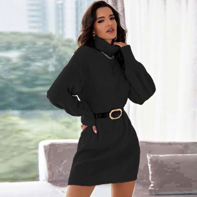 Ribbed Knit Turtleneck Lantern Sleeve Sweater Mini Dress