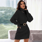 Ribbed Knit Turtleneck Lantern Sleeve Sweater Mini Dress