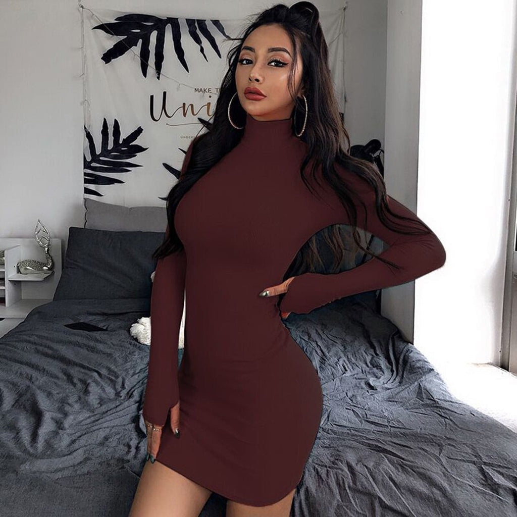 Ribbed Knit Mock Neck Long Sleeve Bodycon Mini Dress