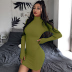 Ribbed Knit Mock Neck Long Sleeve Bodycon Mini Dress