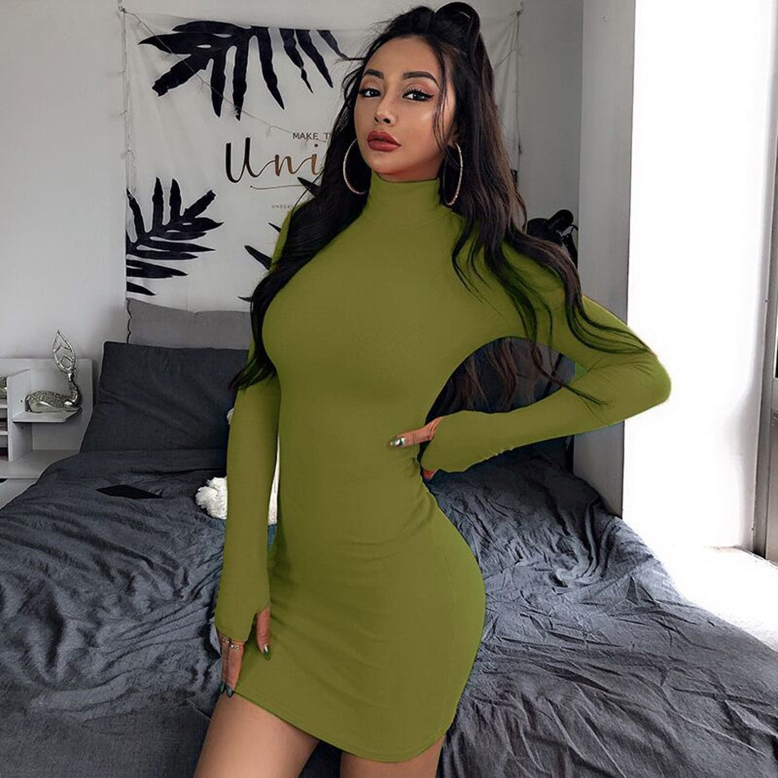 Ribbed Knit Mock Neck Long Sleeve Bodycon Mini Dress