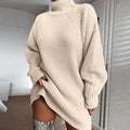 Ribbed Knit Turtleneck Lantern Sleeve Oversized Sweater Mini Dress