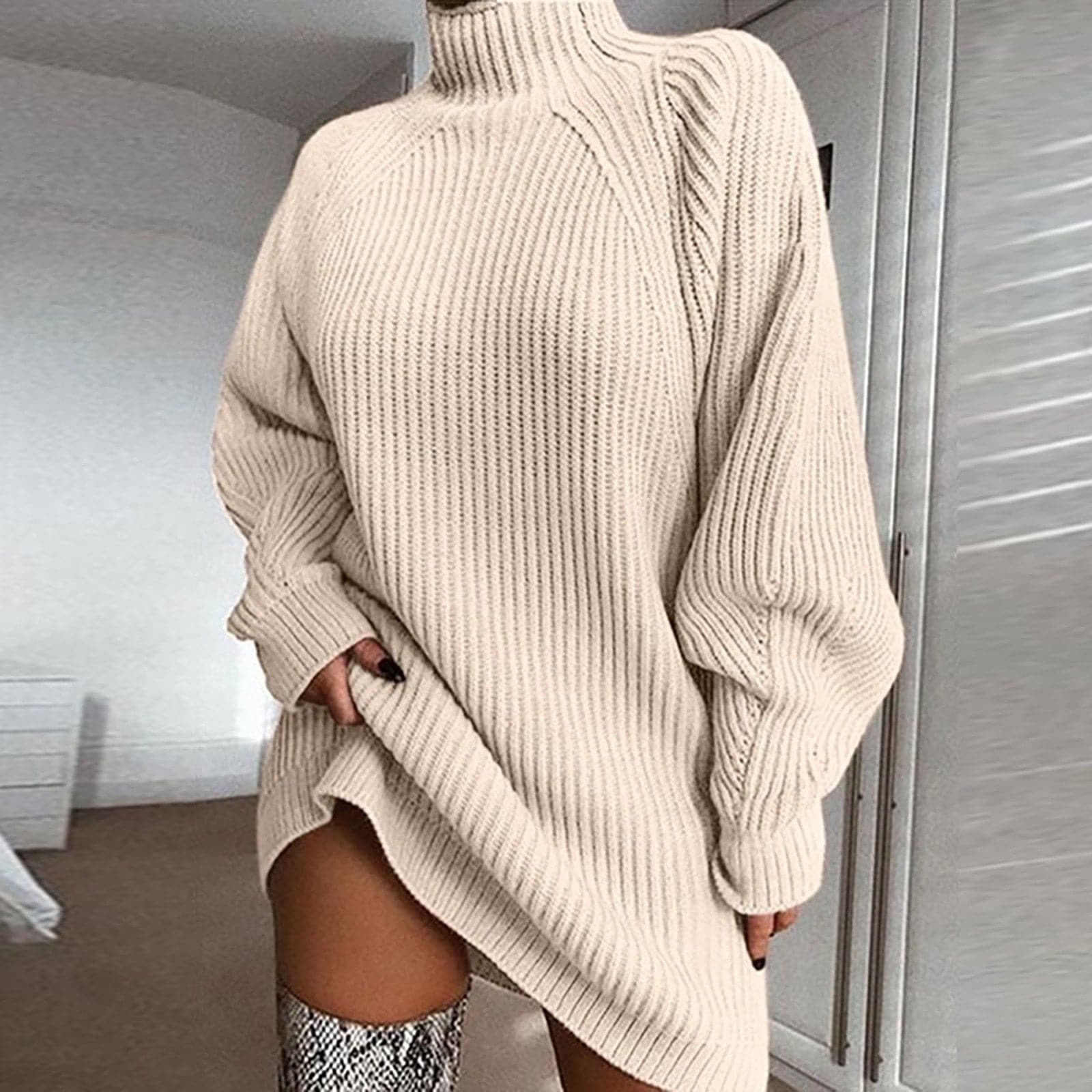 Ribbed Knit Turtleneck Lantern Sleeve Oversized Sweater Mini Dress