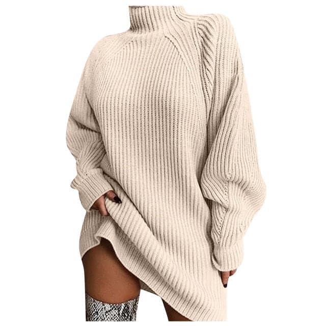 Ribbed Knit Turtleneck Lantern Sleeve Oversized Sweater Mini Dress