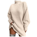 Ribbed Knit Turtleneck Lantern Sleeve Oversized Sweater Mini Dress