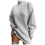 Ribbed Knit Turtleneck Lantern Sleeve Oversized Sweater Mini Dress