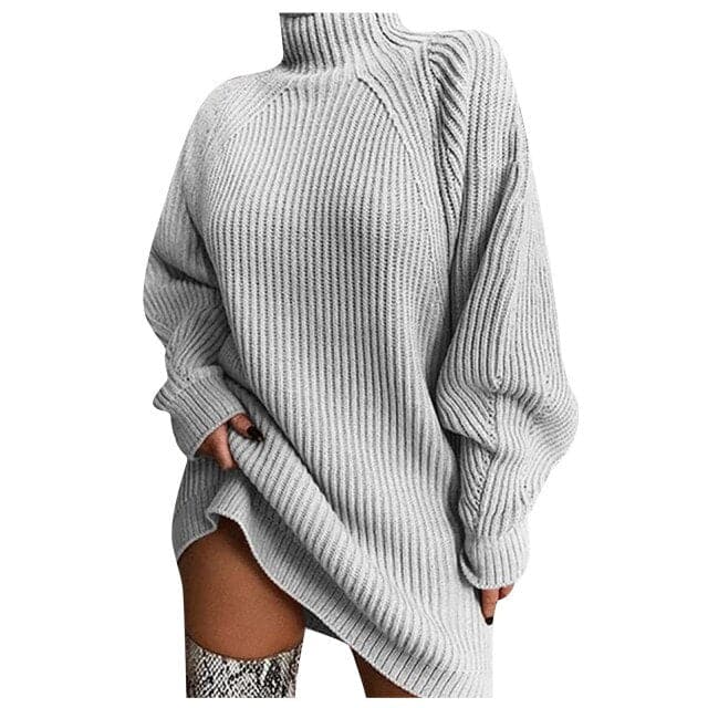 Ribbed Knit Turtleneck Lantern Sleeve Oversized Sweater Mini Dress