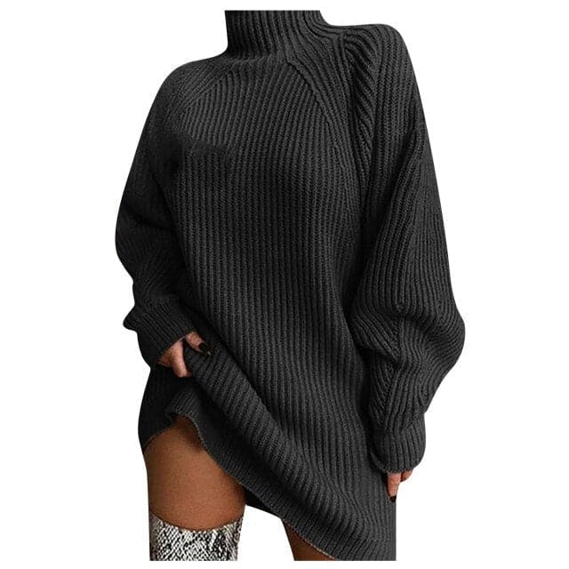 Ribbed Knit Turtleneck Lantern Sleeve Oversized Sweater Mini Dress
