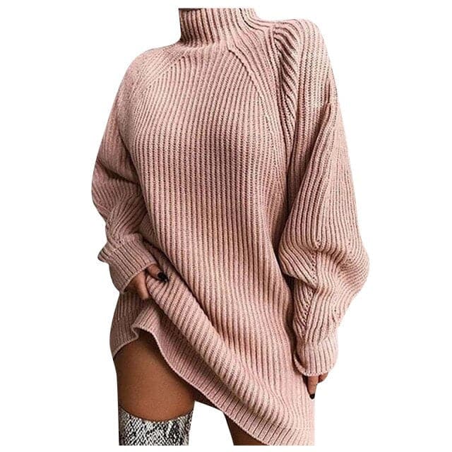 Ribbed Knit Turtleneck Lantern Sleeve Oversized Sweater Mini Dress