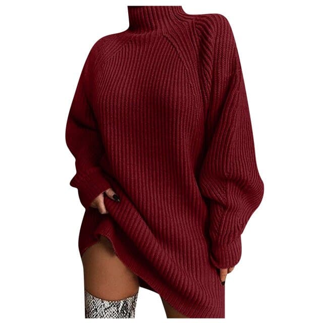 Ribbed Knit Turtleneck Lantern Sleeve Oversized Sweater Mini Dress