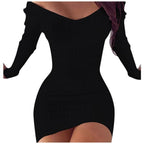 Ribbed Knit Off Shoulder V-Neck Long Sleeve Bodycon Mini Sweater Dress