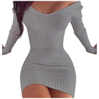Ribbed Knit Off Shoulder V-Neck Long Sleeve Bodycon Mini Sweater Dress