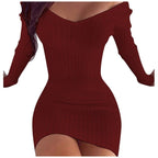 Ribbed Knit Off Shoulder V-Neck Long Sleeve Bodycon Mini Sweater Dress