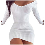Ribbed Knit Off Shoulder V-Neck Long Sleeve Bodycon Mini Sweater Dress
