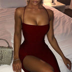 Glitter Square Neck Spaghetti Strap High Split Bodycon Midi Dress
