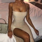 Glitter Square Neck Spaghetti Strap High Split Bodycon Midi Dress