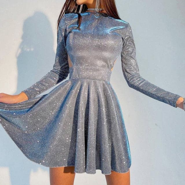 Glitter Long Sleeve Waist Cut Out Fit and Flare Mini Dress