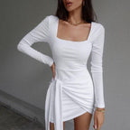Square Neck Long Sleeve Wrap Tie Waist Bodycon Mini Dress