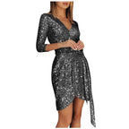Sequin Deep V-Neck Three Quarter Sleeve Wrap Tie Waist Tulip Hem Mini Dress