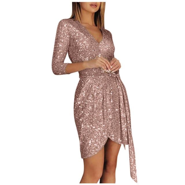 Sequin Deep V-Neck Three Quarter Sleeve Wrap Tie Waist Tulip Hem Mini Dress