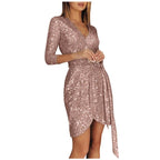 Sequin Deep V-Neck Three Quarter Sleeve Wrap Tie Waist Tulip Hem Mini Dress
