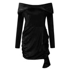Velvet Off Shoulder Long Sleeve Ruched Asymmetric Ruffle Bodycon Mini Dress