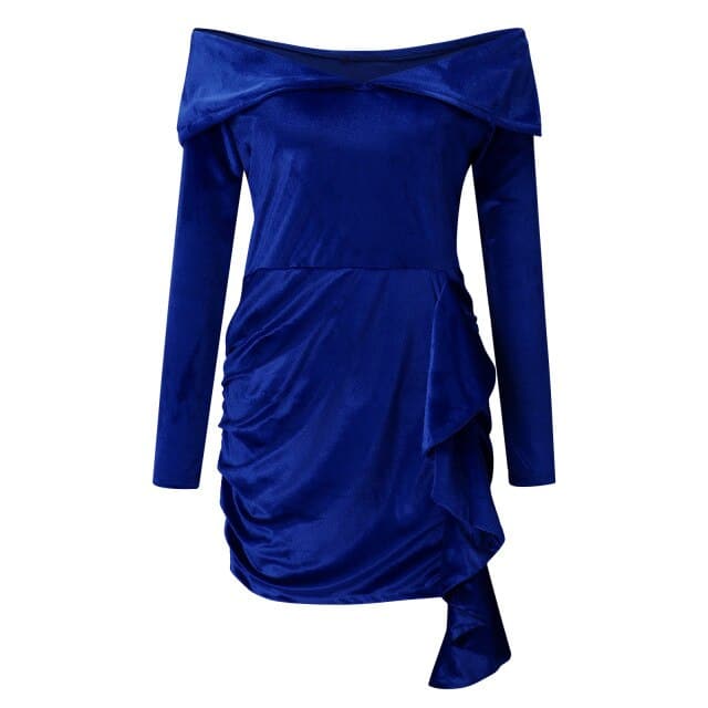 Velvet Off Shoulder Long Sleeve Ruched Asymmetric Ruffle Bodycon Mini Dress