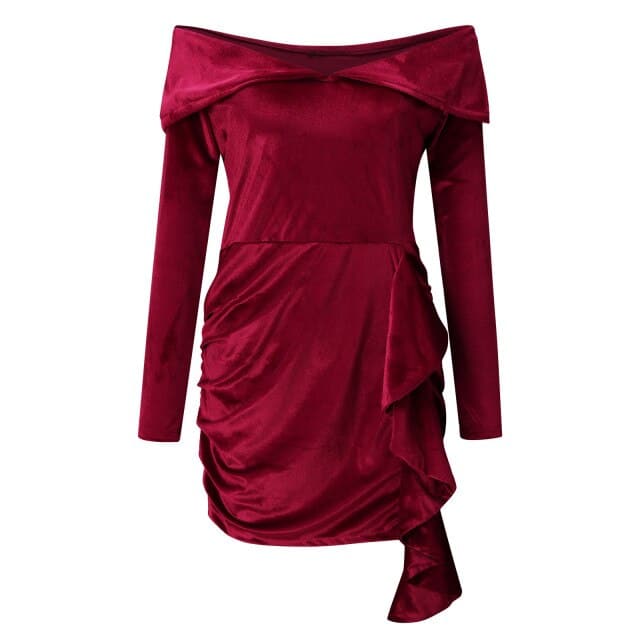Velvet Off Shoulder Long Sleeve Ruched Asymmetric Ruffle Bodycon Mini Dress