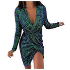 Deep V-Neck Sequin Wrap Front Long Sleeve Mini Dress