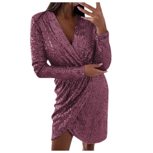 Deep V-Neck Sequin Wrap Front Long Sleeve Mini Dress