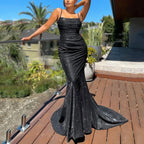 Square Neck Spaghetti Strap Ruched Glitter Mermaid Train Gown