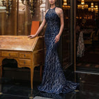Square Neck Spaghetti Strap Ruched Glitter Mermaid Train Gown