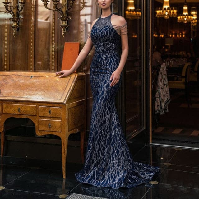 Square Neck Spaghetti Strap Ruched Glitter Mermaid Train Gown