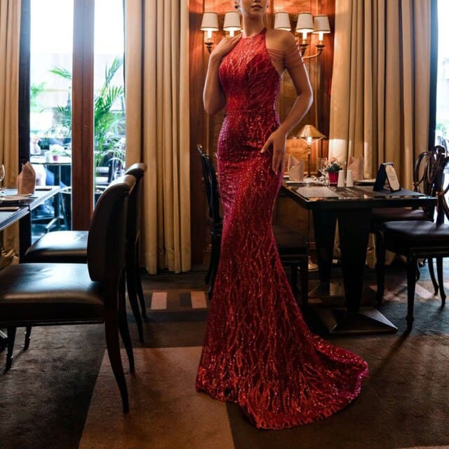 Square Neck Spaghetti Strap Ruched Glitter Mermaid Train Gown