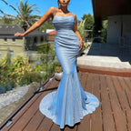 Square Neck Spaghetti Strap Ruched Glitter Mermaid Train Gown