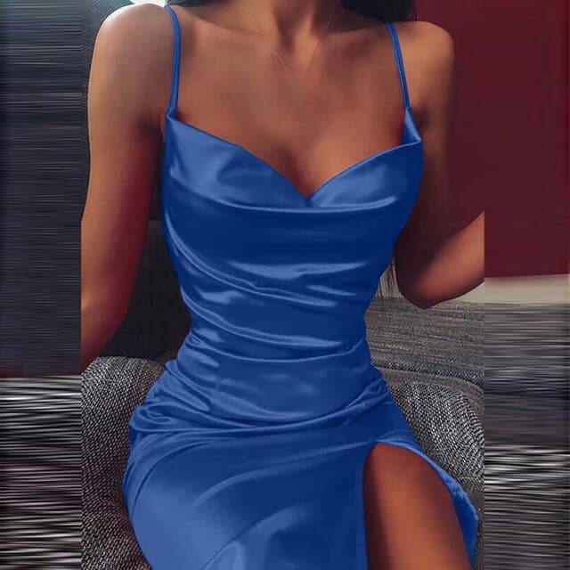 Satin Spaghetti Strap Cowl Neck High Split Bodycon Mini Dress