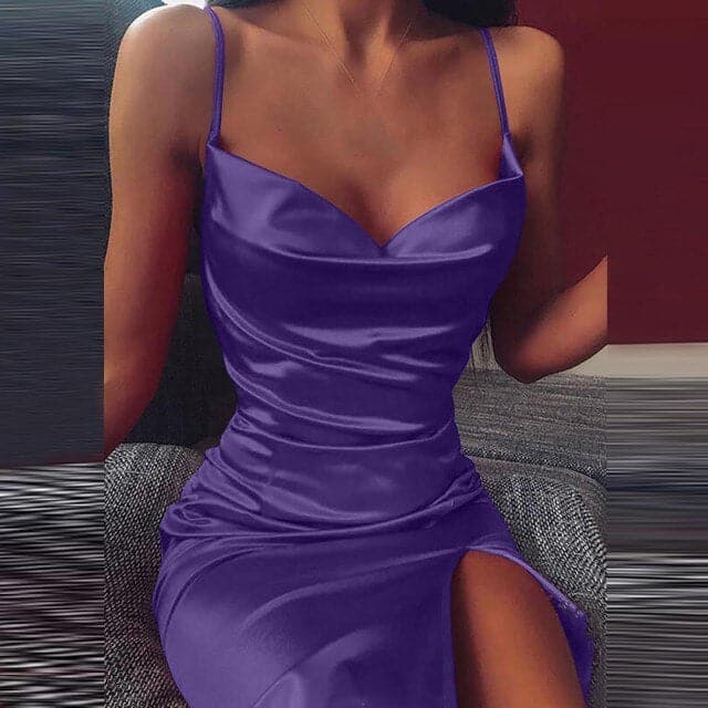Satin Spaghetti Strap Cowl Neck High Split Bodycon Mini Dress