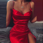 Satin Spaghetti Strap Cowl Neck High Split Bodycon Mini Dress
