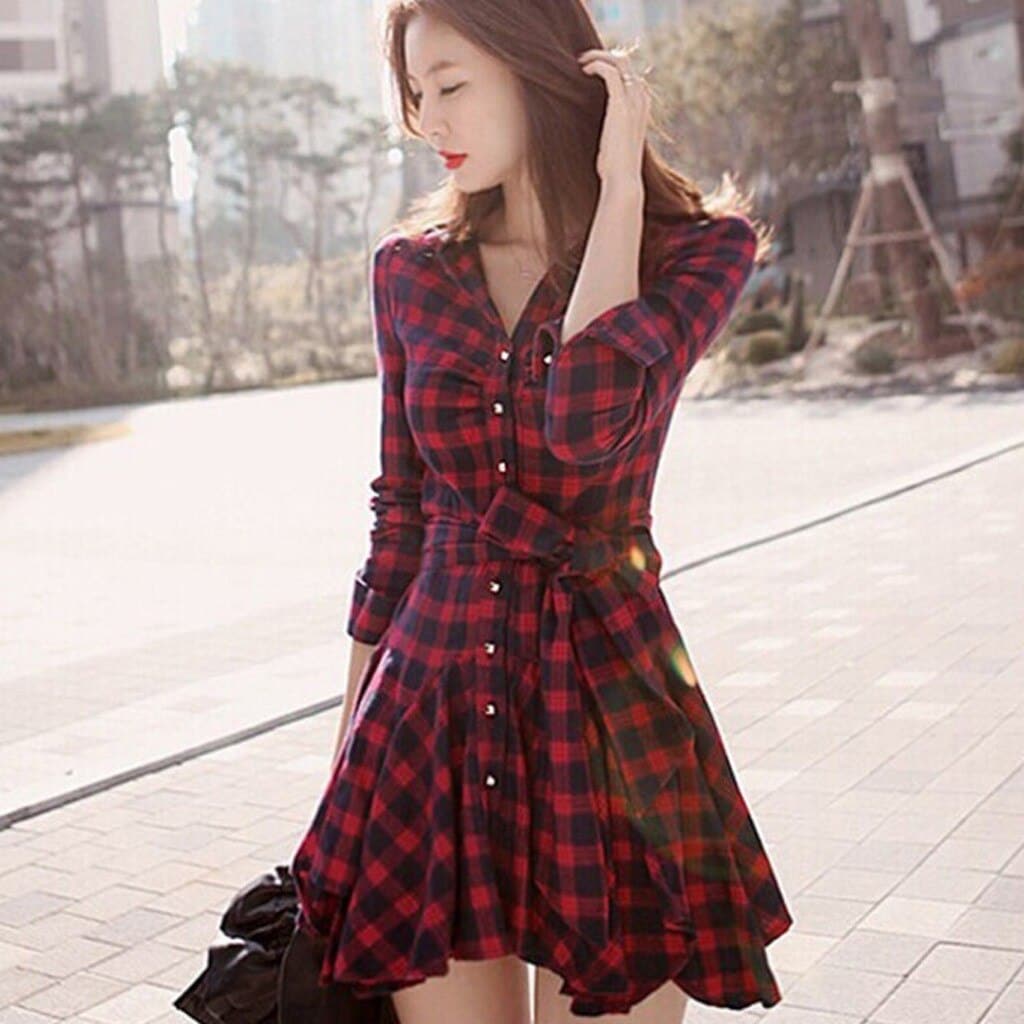 Plaid Print Long Sleeve Button Front Tie Waist Fit and Flare Shirt Mini Dress
