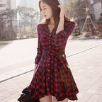 Plaid Print Long Sleeve Button Front Tie Waist Fit and Flare Shirt Mini Dress