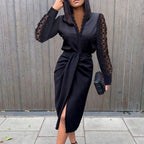 Lace Long Sleeve Deep V-Neck Draped Wrap High Split Midi Dress